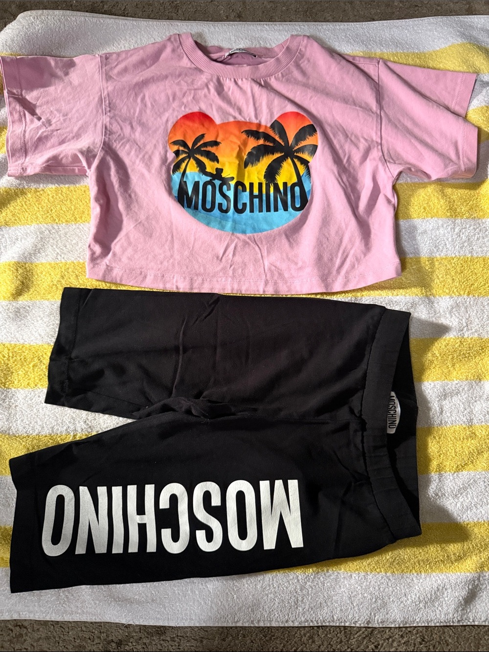 Moschino Pink Graphic Crop Tee with Black Logo Shorts